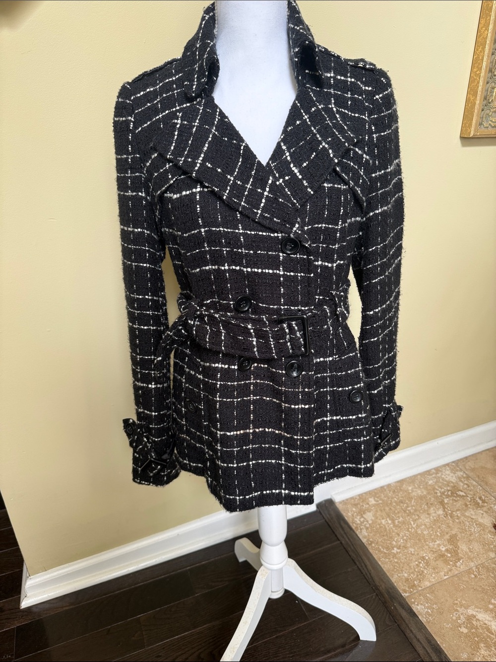Forever 21 Black & White Plaid Double-Breasted Trench Coat